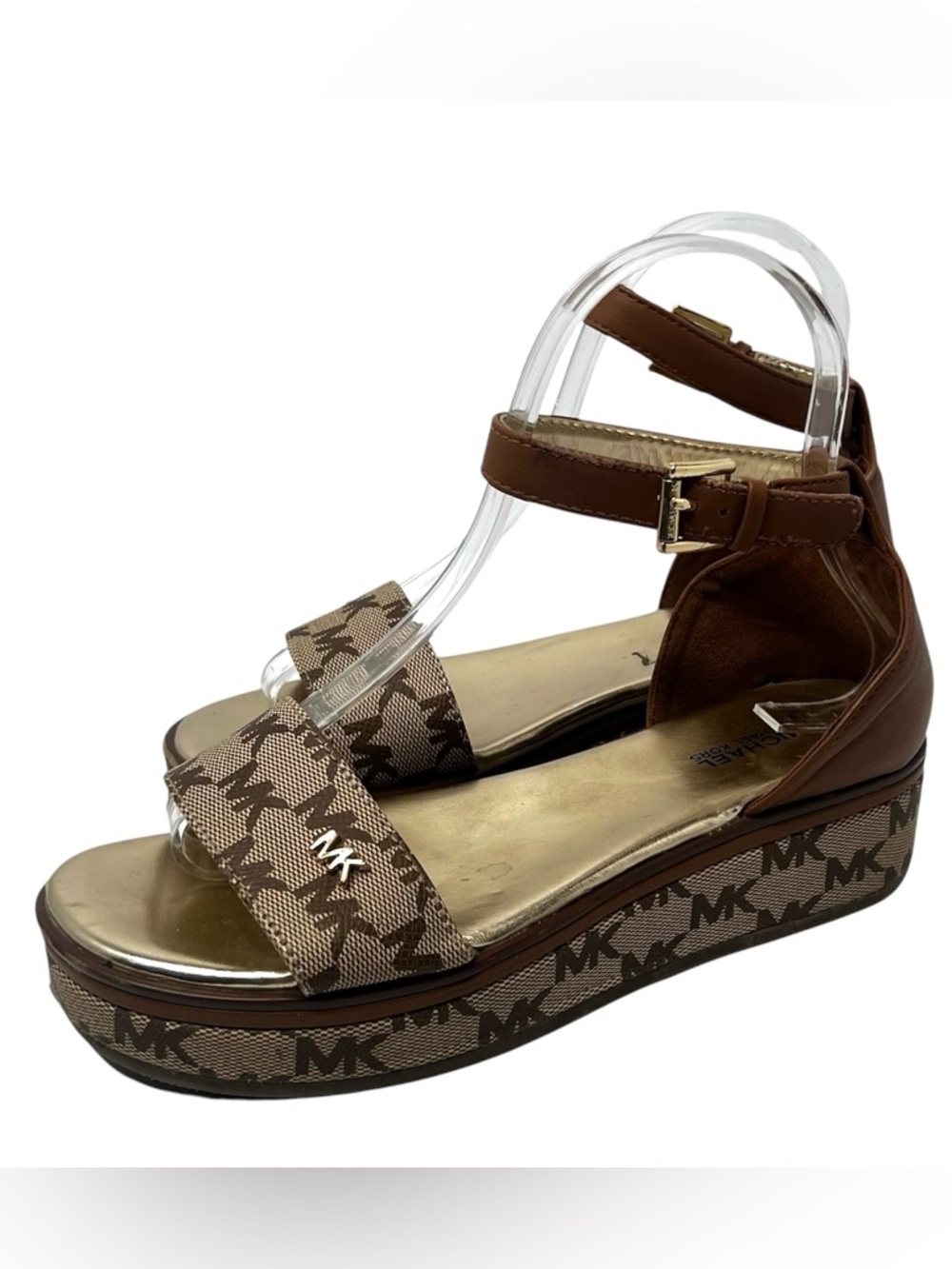 MICHAEL Michael Kors Girls Platform Sandals Sz 3 Gold Brown Logo Dress Shoes